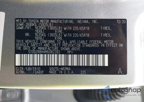 2021 Toyota Highlander Xle z USA, uszkodzony, nr VIN 5TDGZRBH4MS082393